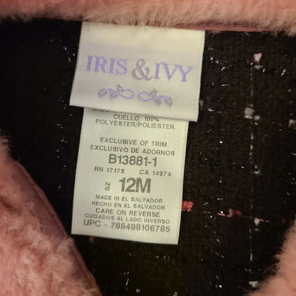 Iris‎ & Ivy Baby Coat Black Tweed Faux Fur Collar Big Bow Infant Size 12 Months